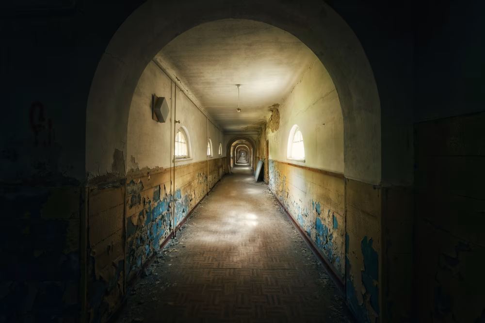 Abandoned Building Corridor with Arched Windows and Worn Walls