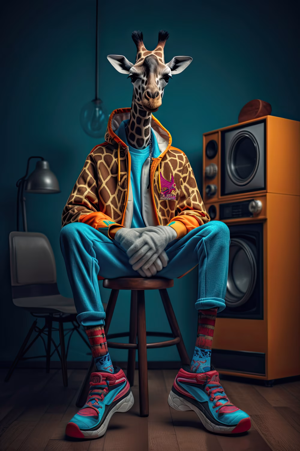 Anthropomorphic Giraffe Wearing Stylish Clothing in a Retro-Inspired Room Setting