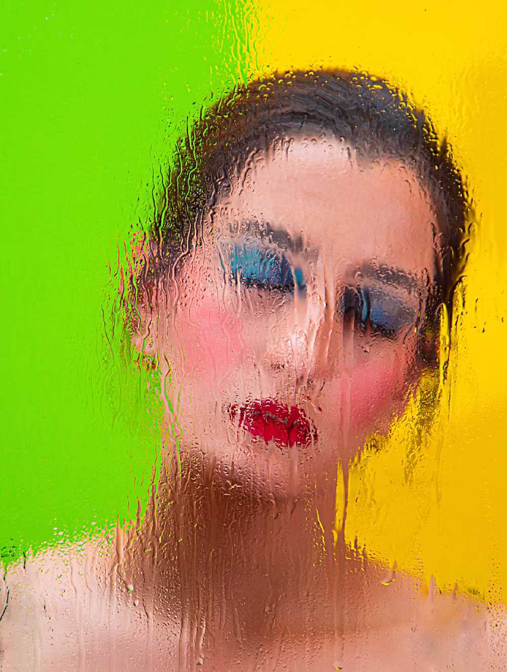 Artistic Portrait Through Wet Glass with Bright Green and Yellow Background