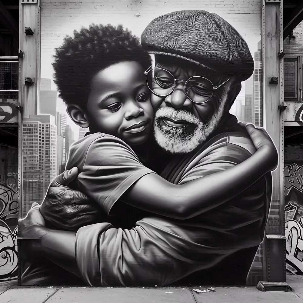 Black and White Wall Art of Grandfather and Child Embracing
