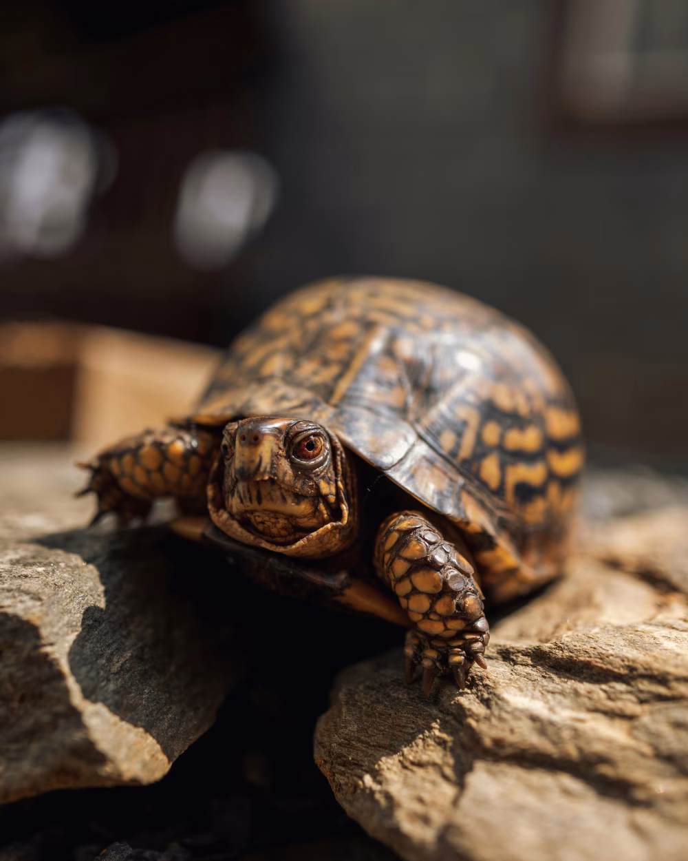 Close-Up of a Tortoise on Rocks in Natural Sunlight