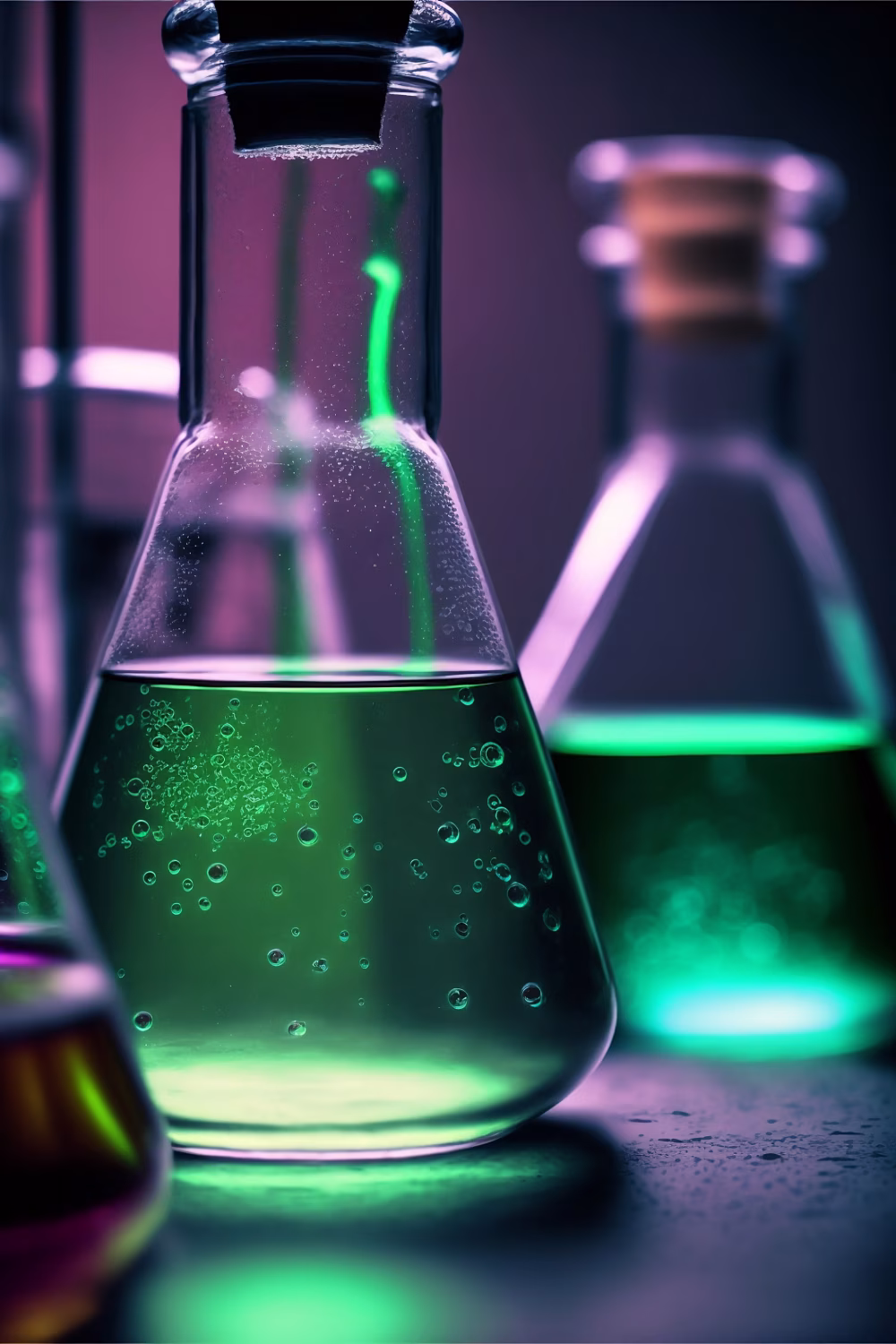 Close-Up of Laboratory Flasks Illuminated by Vibrant Green and Purple Lights