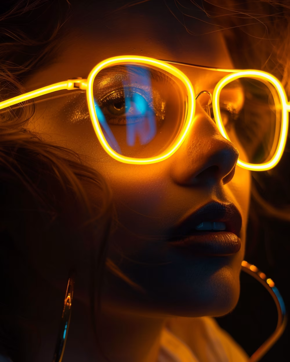 Close-Up Portrait With Neon Orange Glasses and Moody Lighting