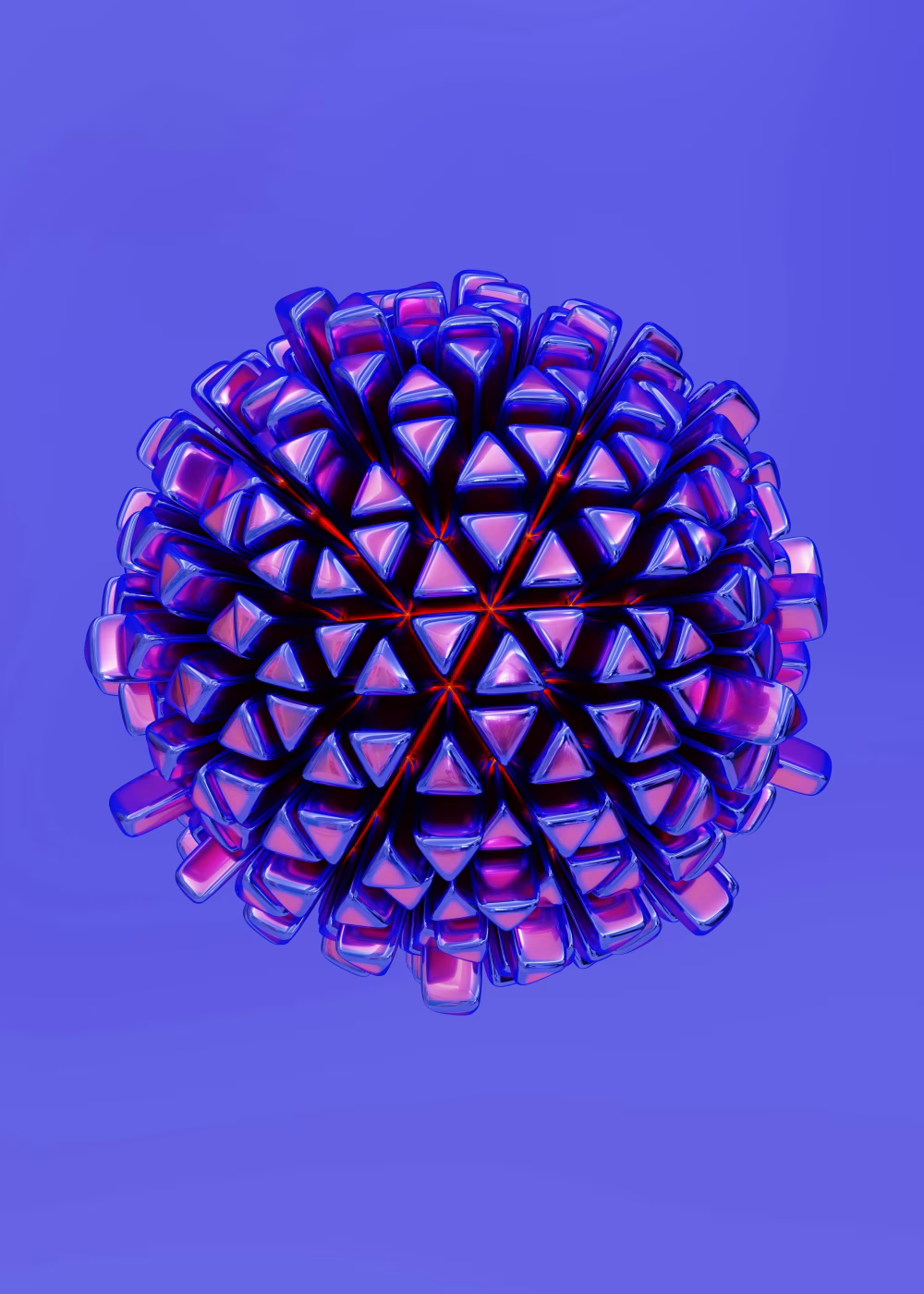 Colorful Abstract 3D Sphere with Geometric Triangular Patterns on Purple Background