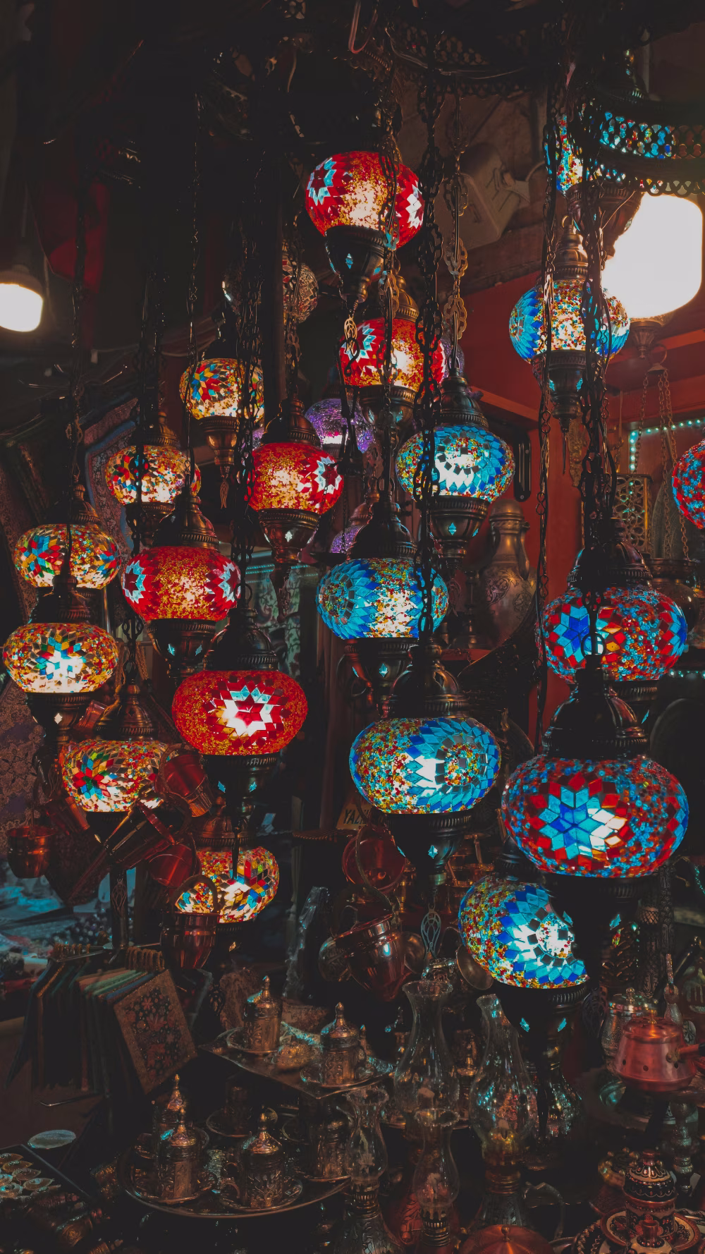 Colorful Decorative Mosaic Lamps Displayed in a Traditional Market