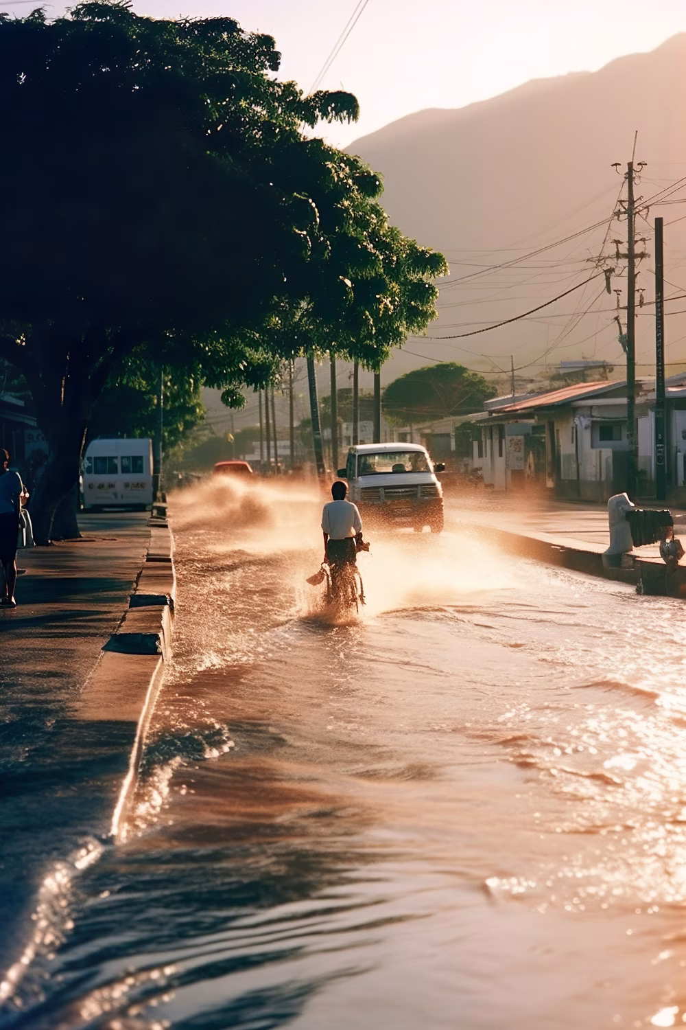Cyclist Navigating a Flooded Sunlit Road During Golden Hour