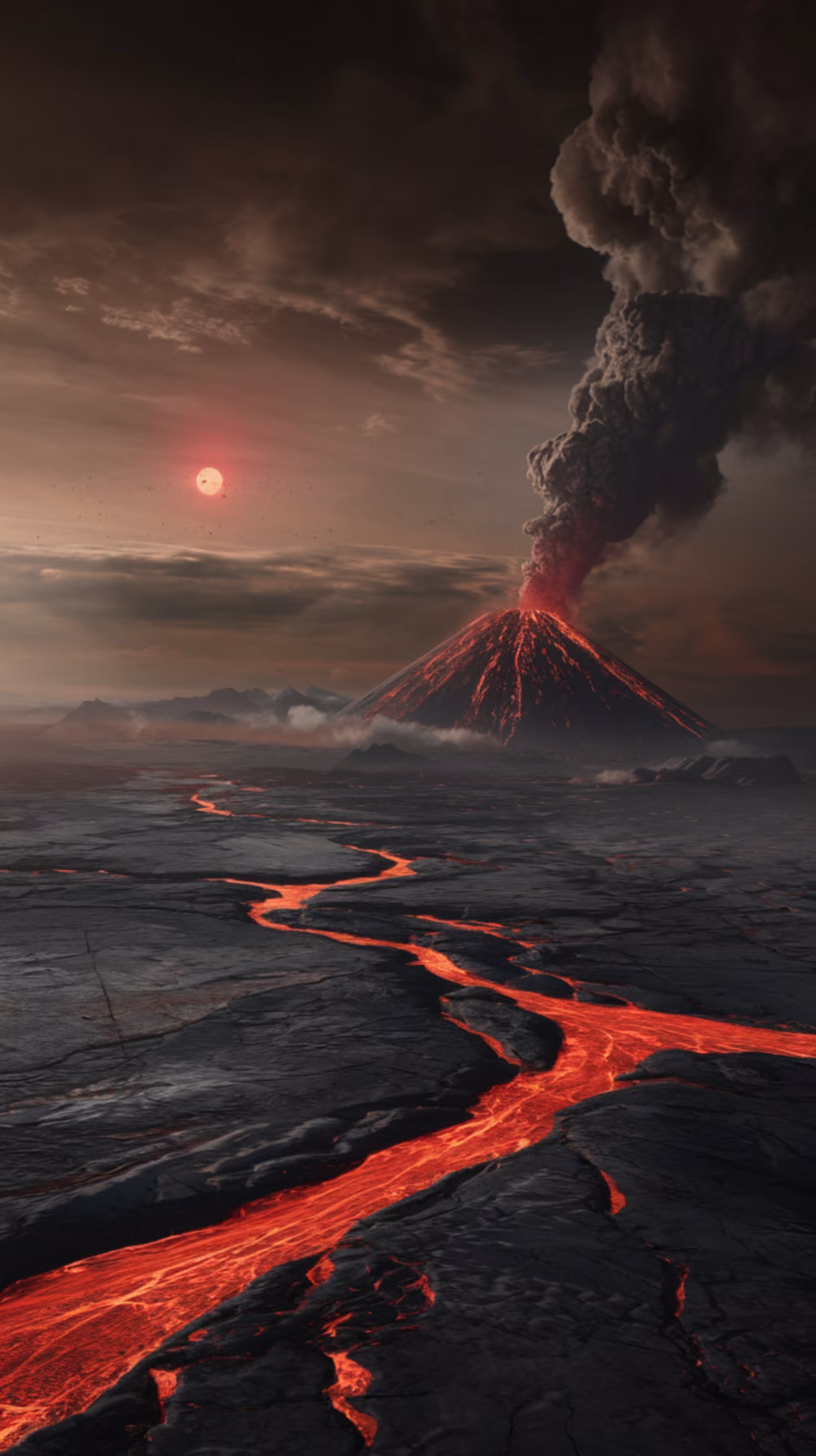 Dramatic Volcanic Eruption with Lava Flowing Across Rugged Terrain