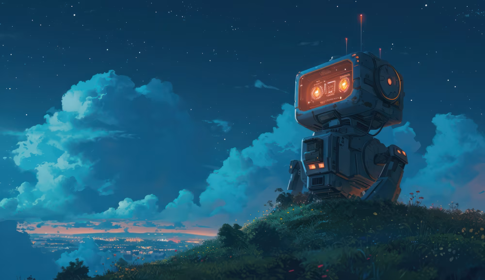 Futuristic Robot Sitting on a Hill Under a Starry Sky