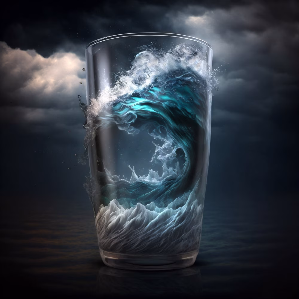 Glass Containing an Artistic Depiction of a Powerful Ocean Wave Scene