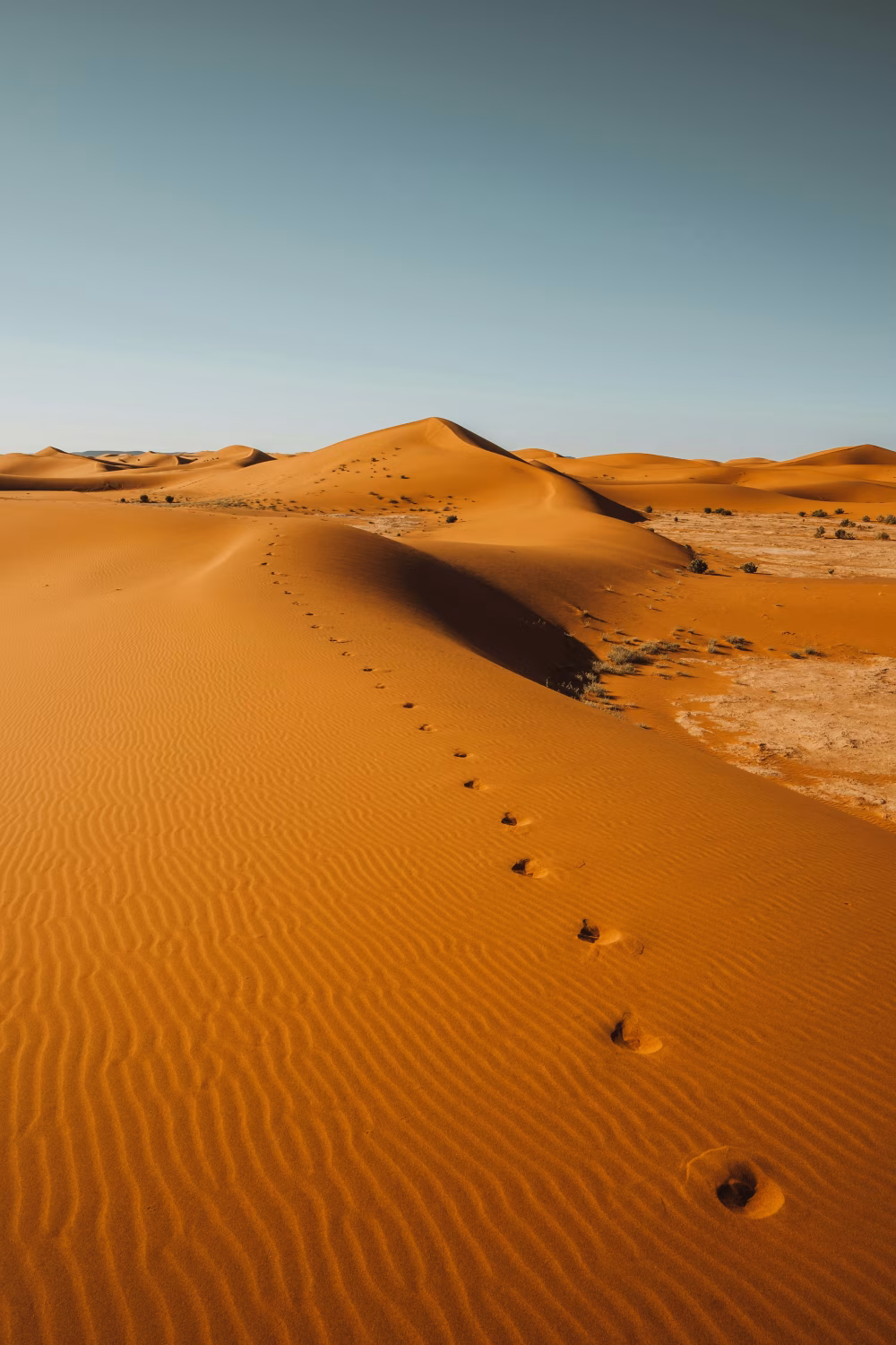Golden Desert Sands and Footprints Under Clear Blue Sky