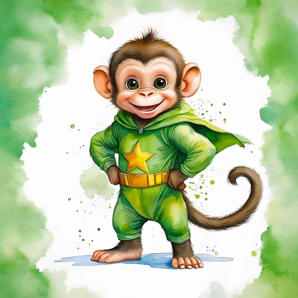 Playful Cartoon Monkey in Green Superhero Costume on Watercolor Background