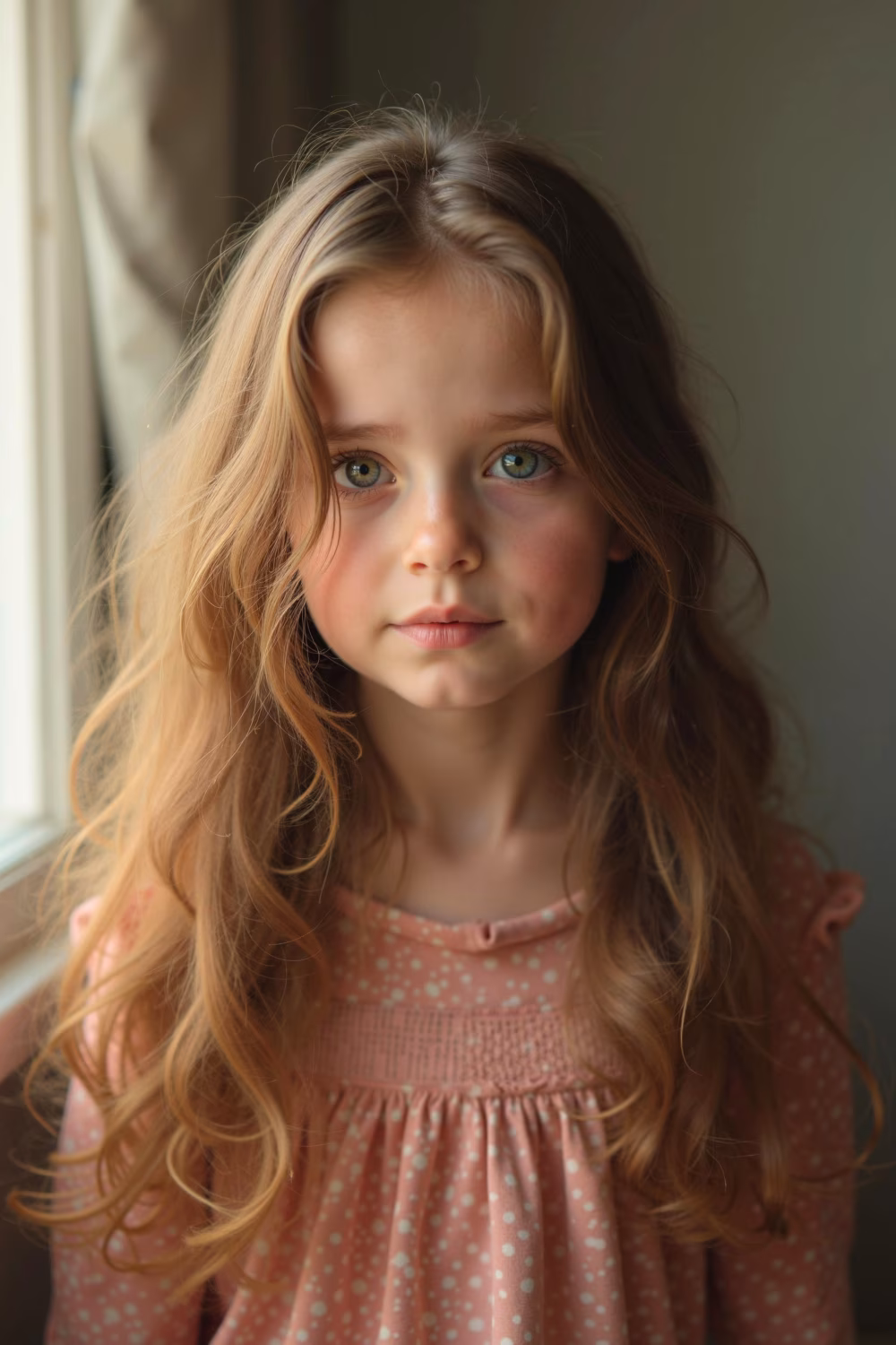 Portrait of a Young Girl with Light Hair Wearing a Pink Polka Dot Dress