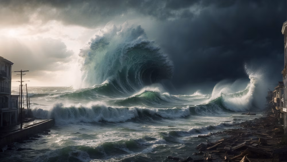 Powerful Ocean Waves Crashing Into Coastal Town During Intense Storm