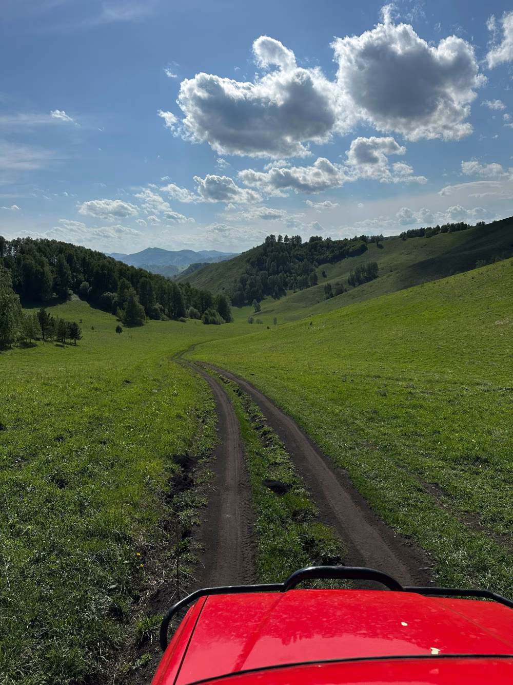 Scenic Countryside Pathway Through Lush Green Hills Under Vibrant Blue Sky