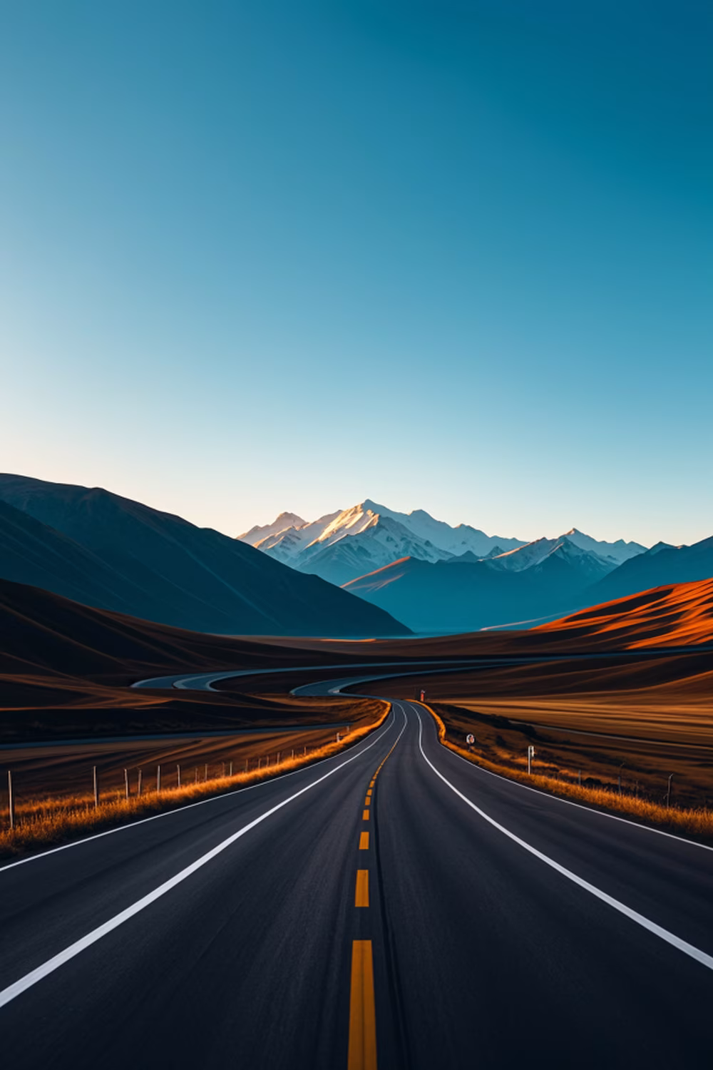 Scenic Mountain Road at Sunset with Serene Landscape Views