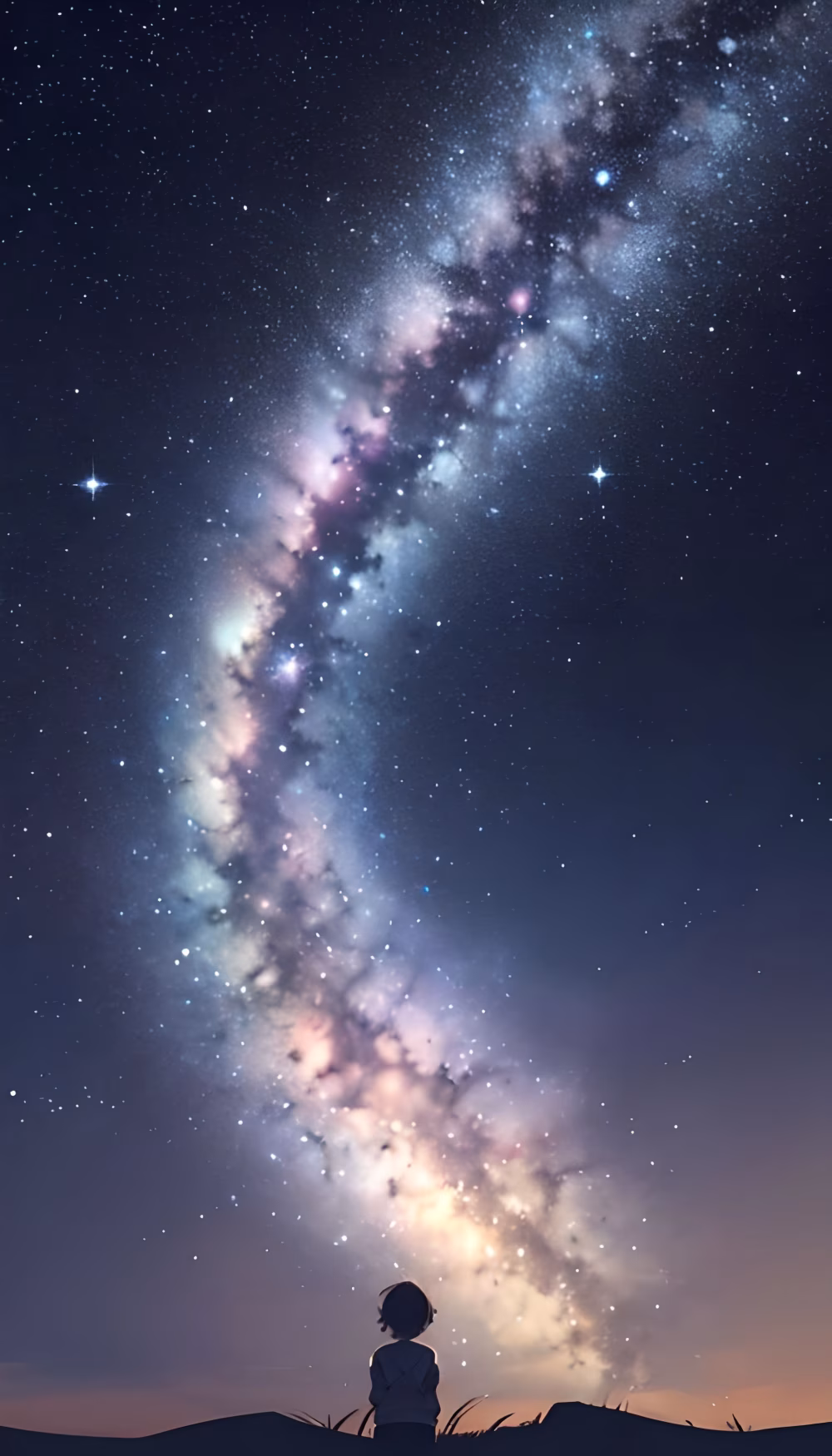 Silhouette of a Child Gazing at the Stunning Night Sky and Milky Way