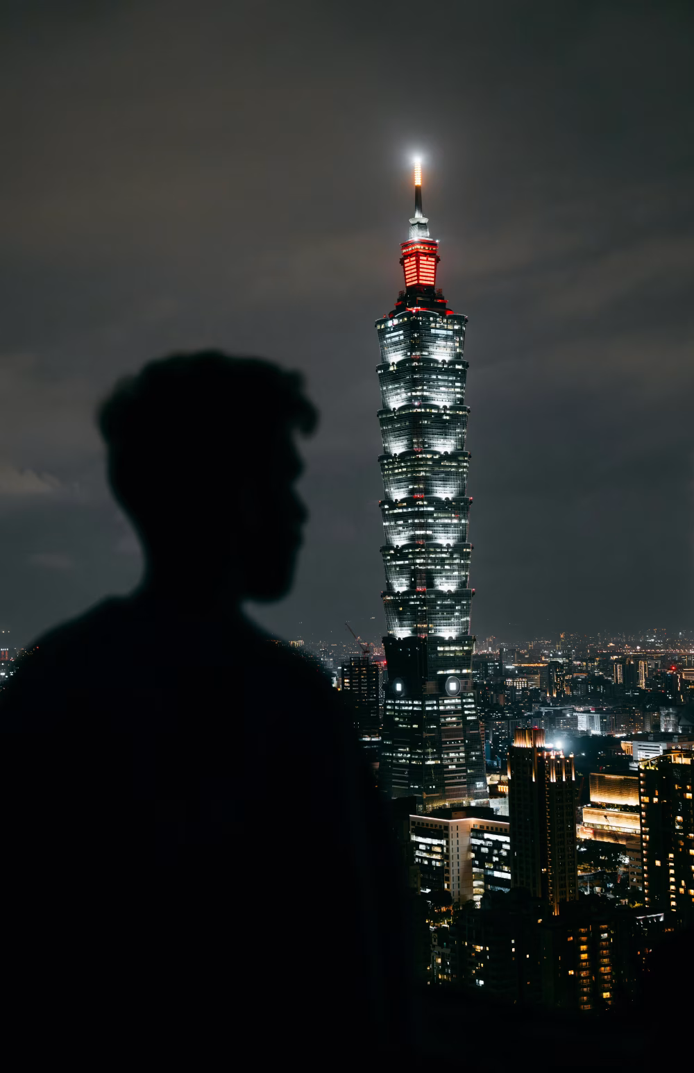 Silhouette of a Person with City Skyline Illuminated at Night