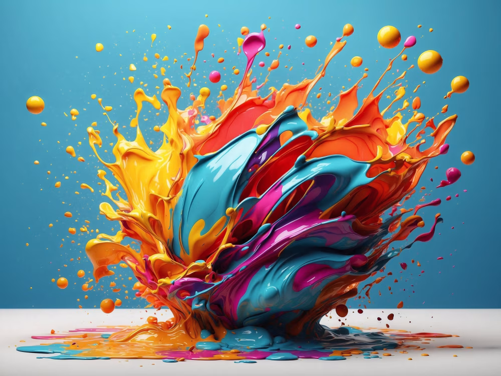 Splash of Vibrant Multicolor Paint Exploding on a Blue Background