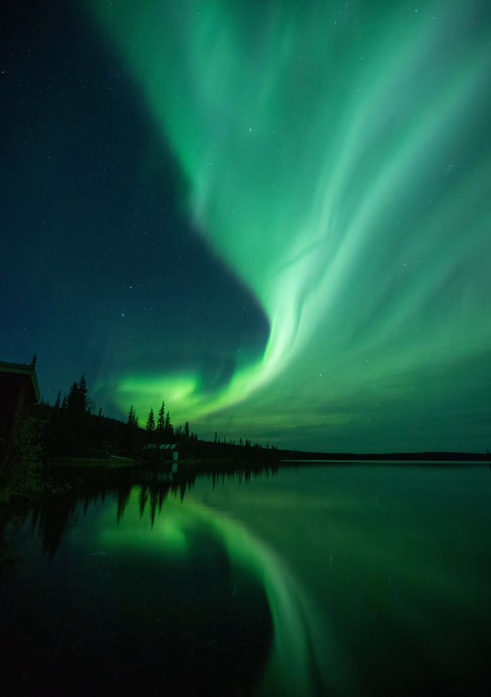 Stunning Display of Northern Lights Reflecting Over a Tranquil Forest Lake
