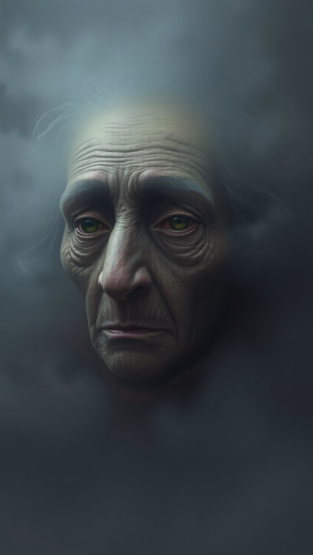 Thoughtful Elderly Person in Mysterious Misty Surroundings