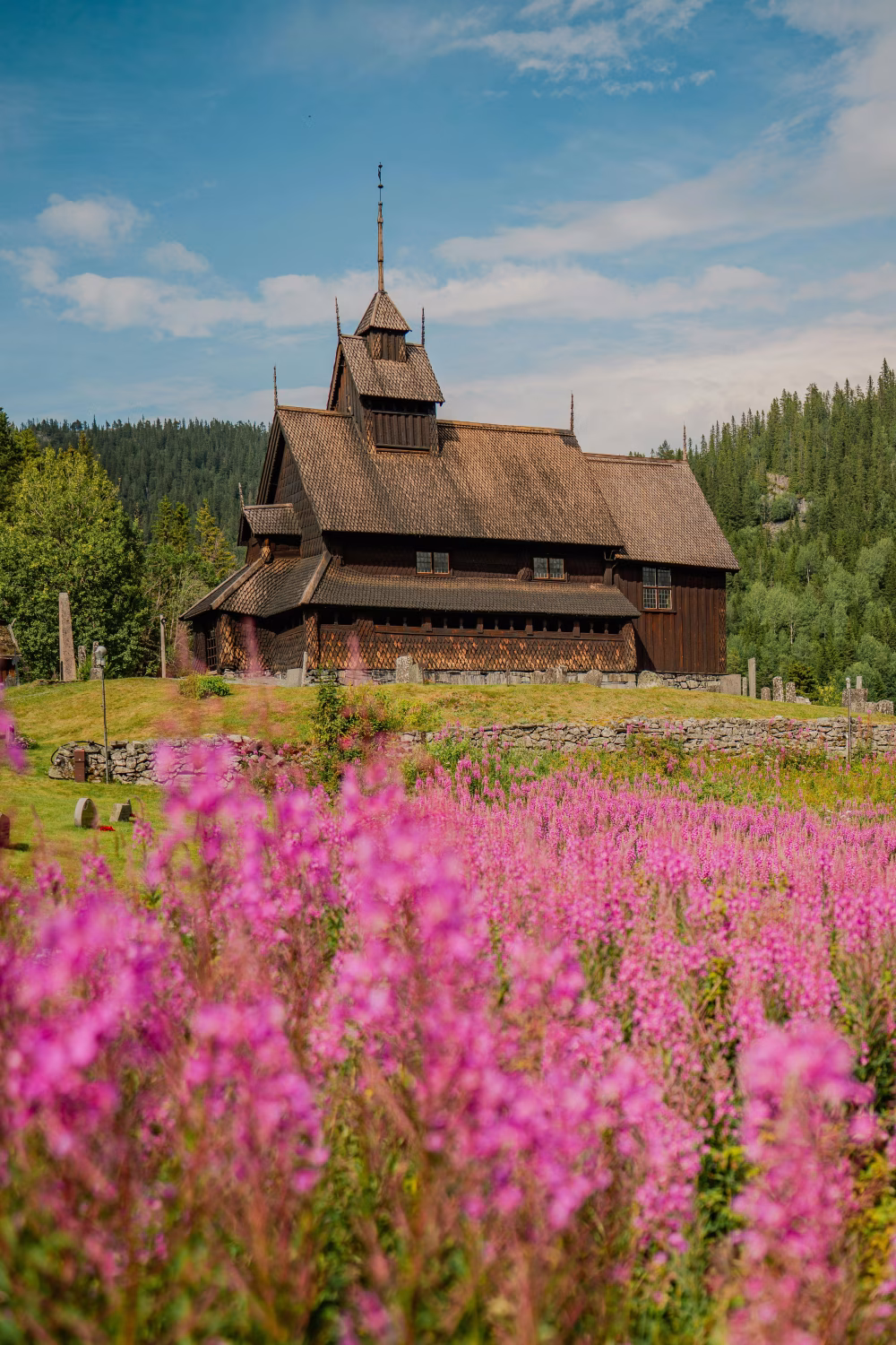 Traditional Wooden Church Surrounded by Lush Meadows and Vibrant Pink Wildflowers