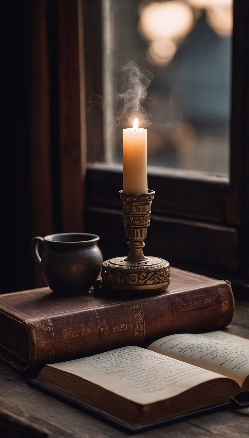 Warm Candlelit Scene with Books and a Rustic Mug on a Wooden Table