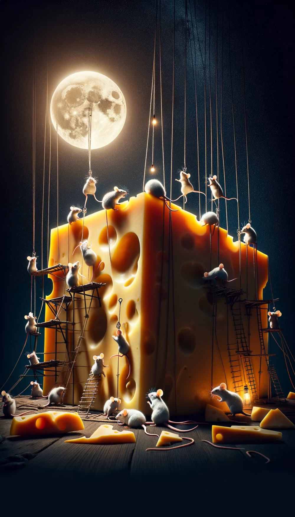 Whimsical Scene of Mice Working on a Giant Cheese Under the Moonlight