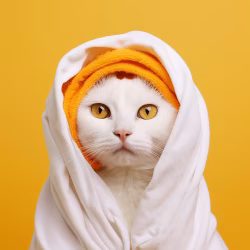 Adorable White Cat in Cozy Wrap Against Bright Yellow Background