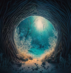 Arched Frozen Cave Opening to Enchanted Snowy Forest Under Sparkling Light