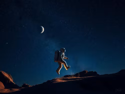 Astronaut Exploring Alien Terrain Under Moonlit Starry Sky