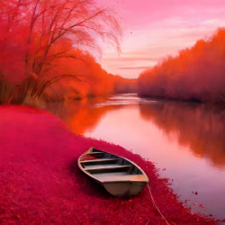Beautiful Tranquil River Scene With Vibrant Colors and a Wooden Boat