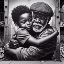 Black and White Wall Art of Grandfather and Child Embracing