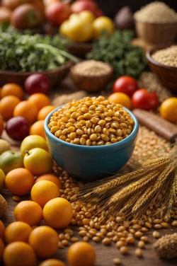 Bowl of Grains Surrounded by Fresh Fruits and Vegetables on Rustic Table