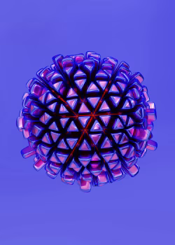 Colorful Abstract 3D Sphere with Geometric Triangular Patterns on Purple Background