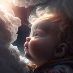 Curious Young Child Gazing at Radiant Clouds in a Dreamlike Setting