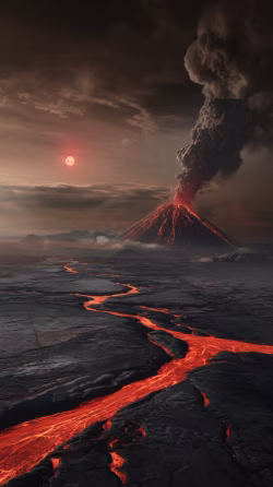 Dramatic Volcanic Eruption with Lava Flowing Across Rugged Terrain