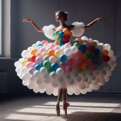 Elegant Ballerina Posing in a Unique Balloon Dress in Atmospheric Lighting
