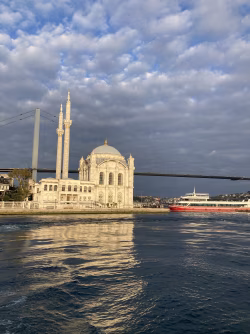 Elegant Mosque by the Waterfront With Stunning Bridge and Reflective Waters