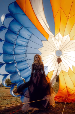 Enchanting Fashion Model in Black Lace Gown Under Colorful Parachute Canopy Outdoors