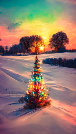 Enchanting Festive Tree in Snowy Landscape at Stunning Sunset
