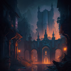 Gothic Cathedral Lit by Fire Amidst Mysterious Urban Landscape at Night