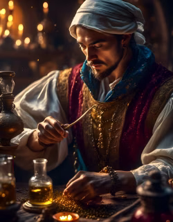 Historic Alchemist at Work in a Candle-Lit Workshop