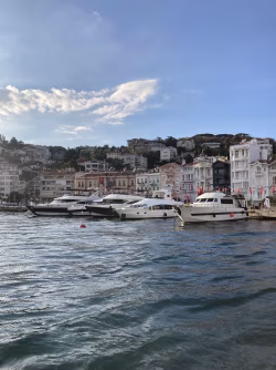 Luxurious Yachts Docked by Scenic Coastal Seafront Under Clear Blue Sky