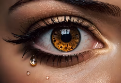 Macro Photograph of a Tearful Golden Eye With Dramatic Detail and Lighting