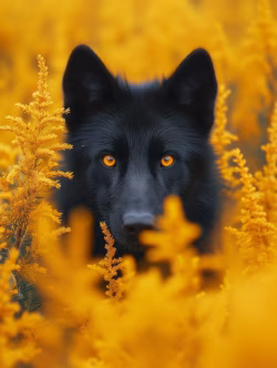 Majestic Black Dog Among Vibrant Yellow Flowers in Blooming Meadow