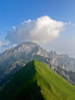 Majestic Mountain Peak With Lush Green Ridge and Dramatic Clouds