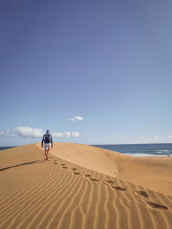 Man Walking on Sandy Beach With Clear Blue Sky and Ocean Views