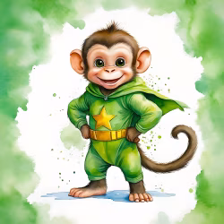 Playful Cartoon Monkey in Green Superhero Costume on Watercolor Background
