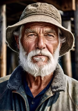 Portrait of a Mature Man Outdoors with White Beard and Sun Hat