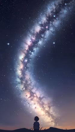 Silhouette of a Child Gazing at the Stunning Night Sky and Milky Way